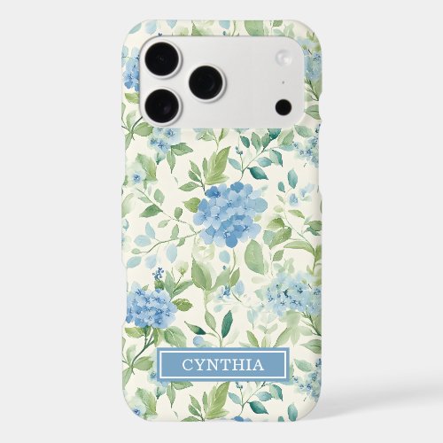 Blue Hydrangea Watercolor Monogrammed iPhone 17 Pro Max Case