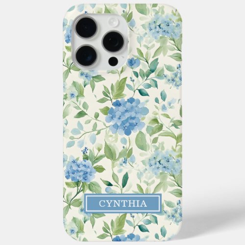 Blue Hydrangea Watercolor Monogrammed iPhone 15 Pro Max Case