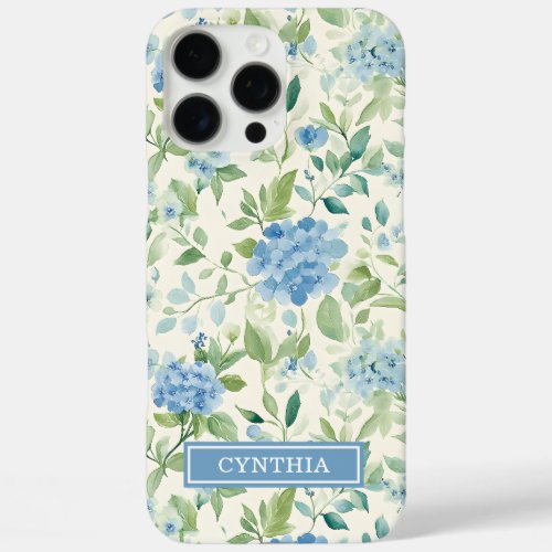 Blue Hydrangea Watercolor Monogrammed iPhone 16 Pro Max Case