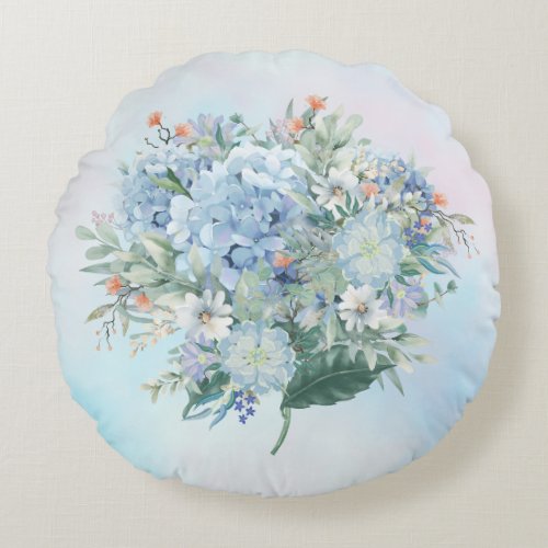 Blue Hydrangea Watercolor Round Pillow