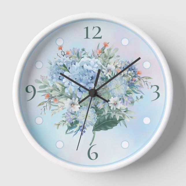 Blue Hydrangea Watercolor Round Wall Clock (Front)