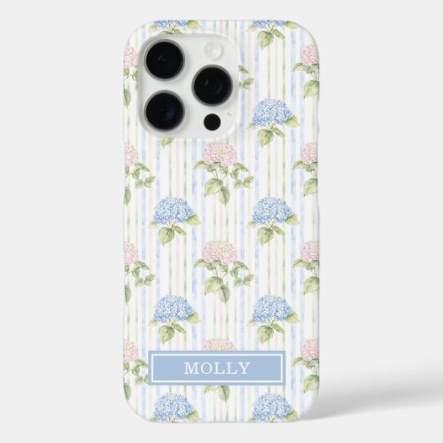 Blue Hydrangea Watercolor Striped Personalized  iPhone 16 Pro Case