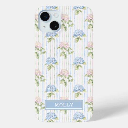 Blue Hydrangea Watercolor Striped Personalized iPhone 15 Plus Case