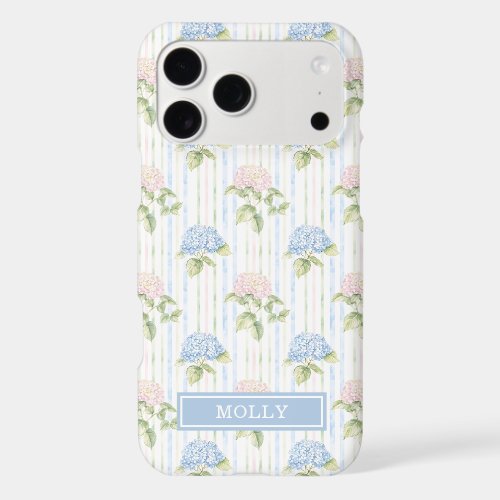 Blue Hydrangea Watercolor Striped Personalized iPhone 17 Pro Max Case