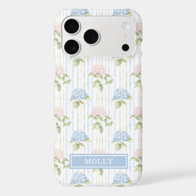 Blue Hydrangea Watercolor Striped Personalized Case-Mate iPhone Case (Back)