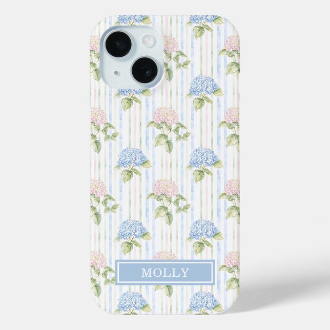Blue Hydrangea Watercolor Striped Personalized Case-Mate iPhone Case (Back)