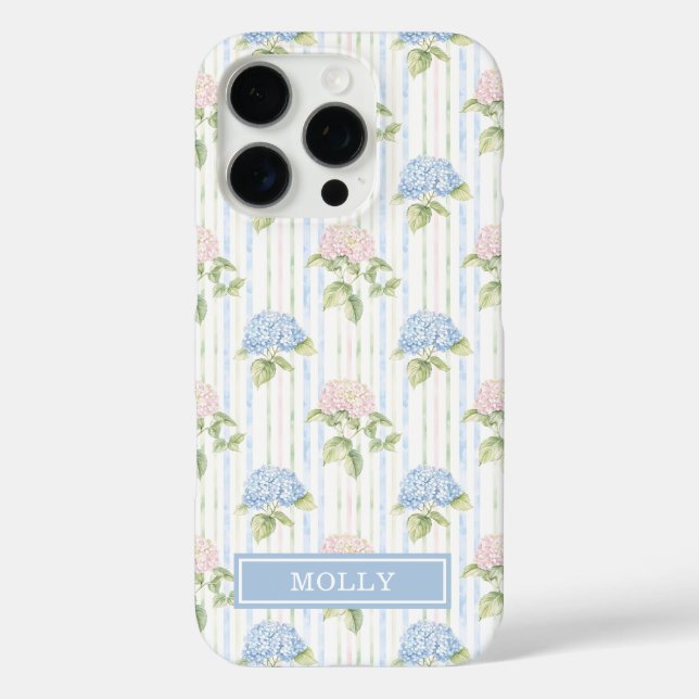 Blue Hydrangea Watercolor Striped Personalized  Case-Mate iPhone Case (Back)