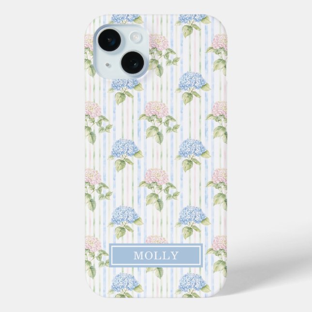 Blue Hydrangea Watercolor Striped Personalized Case-Mate iPhone Case (Back)
