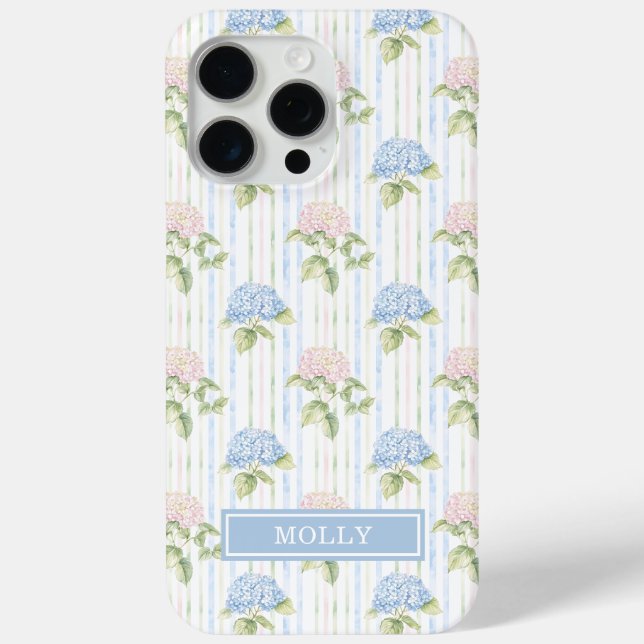 Blue Hydrangea Watercolor Striped Personalized Case-Mate iPhone Case (Back)