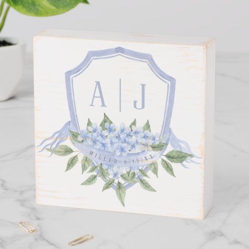 Blue Hydrangea Watercolor Wedding Crest Keepsake Wooden Box Sign