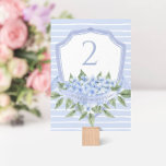 Blue Hydrangea Watercolor Wedding Crest  Table Number<br><div class="desc">This beautiful floral table number card features a watercolor blue crest with hydrangea flowers and your custom text on both sides of the card. Use the template to fill in your information. The "Customize further" feature can be used to change the font (size, style, color), add more lines of text...</div>