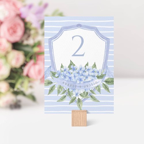 Blue Hydrangea Watercolor Wedding Crest  Table Number
