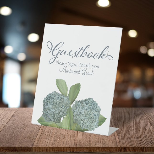 Blue Hydrangea Watercolor Wedding Guestbook Sign (Blue hydrangea watercolor wedding guestbook sign with elegant script and botanical floral design.)