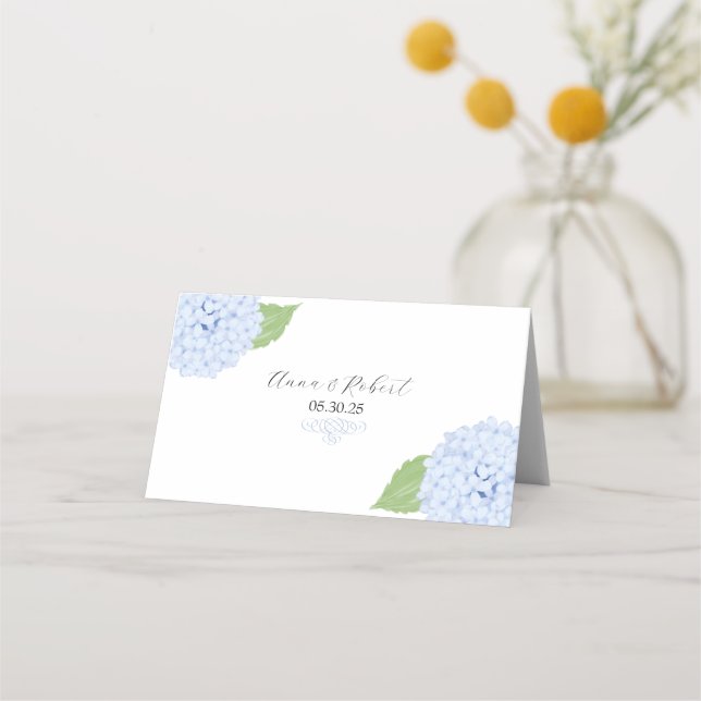 Blue Hydrangea Watercolor Wedding Place Card (Back)