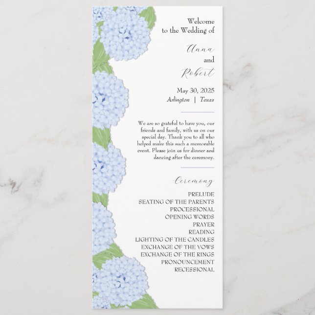Blue Hydrangea Watercolor Wedding Program (Front)