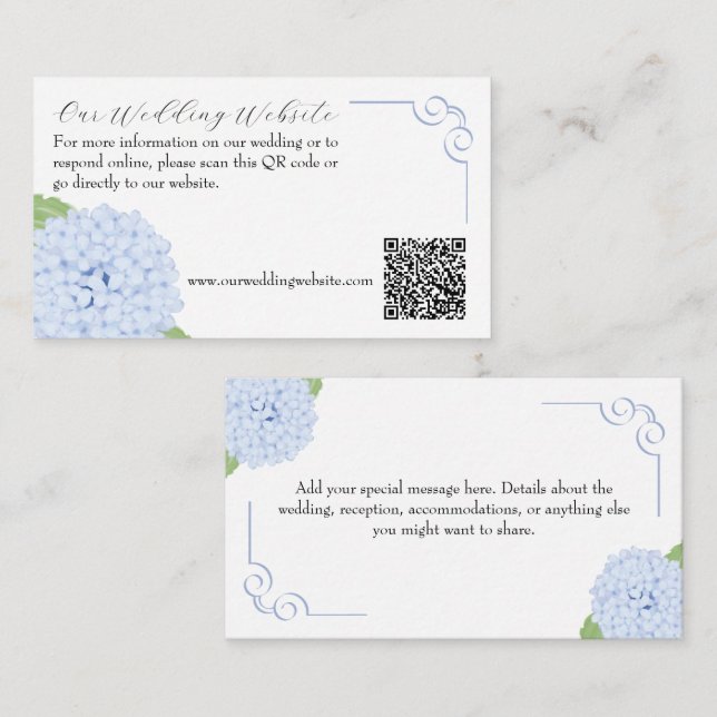 Blue Hydrangea Watercolor Wedding QR & Msg Enclosure Card (Front/Back)