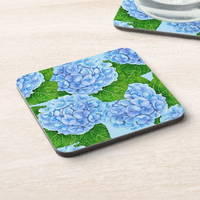 Blue hydrangea waterolor pattern beverage coaster (Left Side)