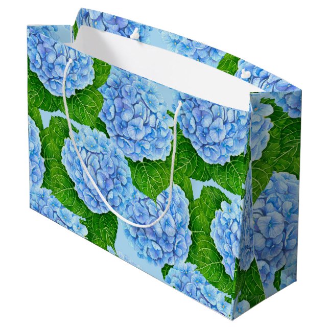 Blue hydrangea waterolor pattern large gift bag (Back Angled)