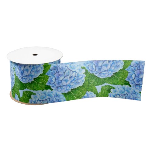 Blue hydrangea waterolor pattern satin ribbon