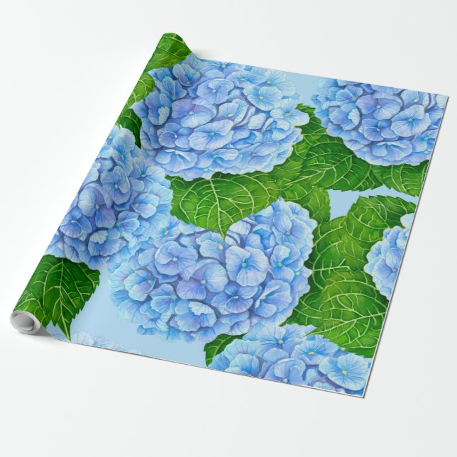 Blue hydrangea waterolor pattern wrapping paper (Unrolled)