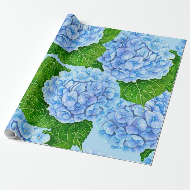Blue hydrangea waterolor pattern wrapping paper (Unrolled)