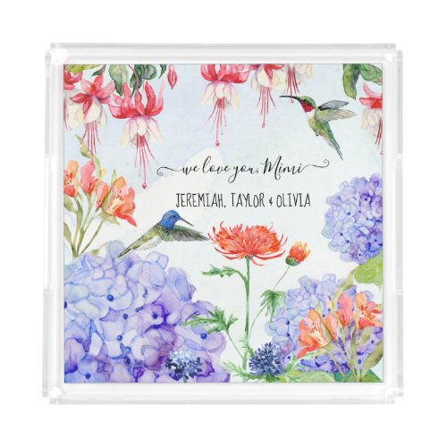 Blue Hydrangea We Love you Mimi Elegant Floral Acrylic Tray