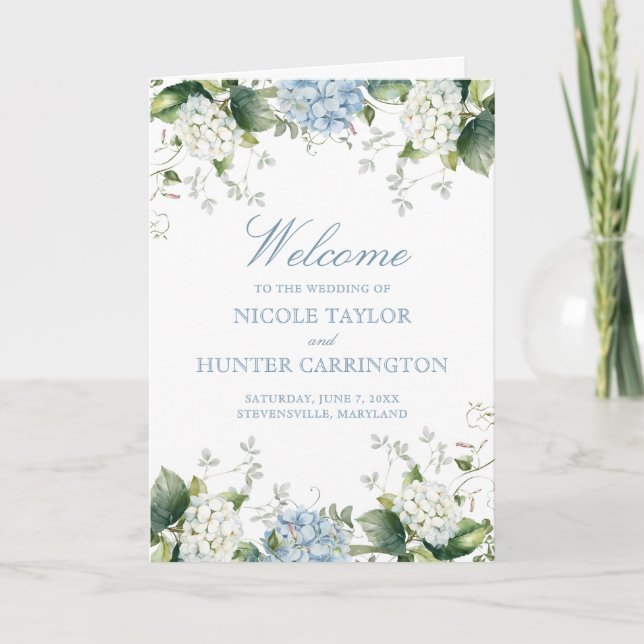 Blue Hydrangea Wedding Ceremony Folded Program (Front)
