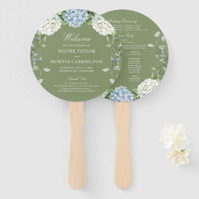 Blue Hydrangea Wedding Ceremony Program Hand Fan (Front and Back)