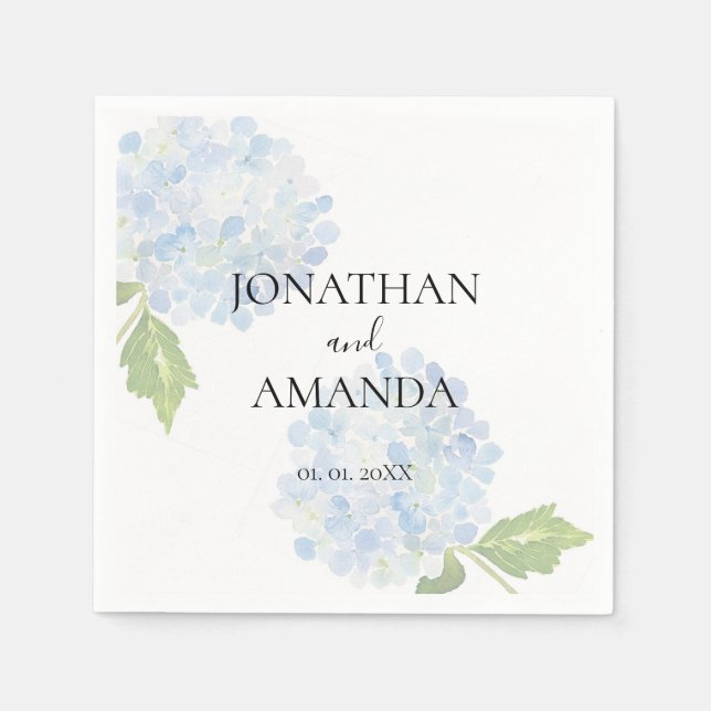Blue Hydrangea Wedding Cocktail Napkins (Front)