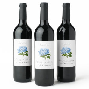 Blue Hydrangea Wedding Date and Names Wine Label