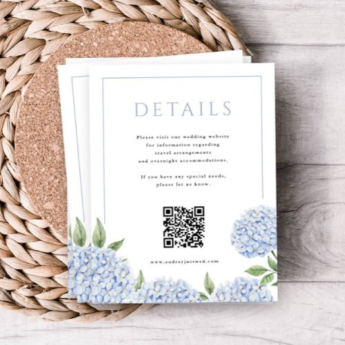 Blue Hydrangea Wedding Detail with QR Code Enclosure Card