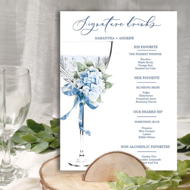 Blue Hydrangea Wedding Drink Menu Foam Board (Creator Uploaded)