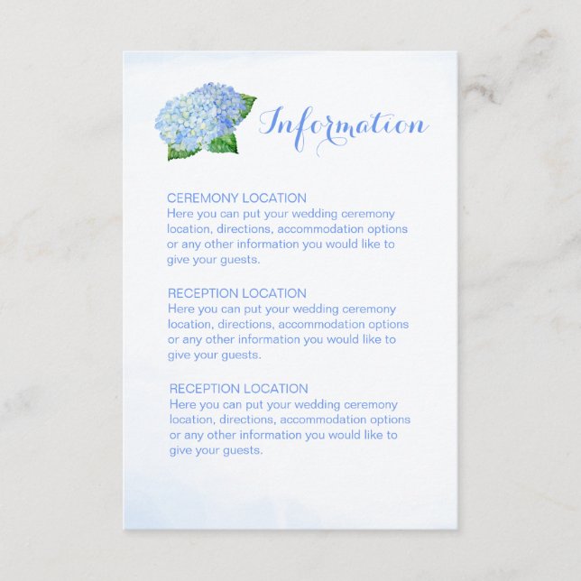Blue Hydrangea Wedding Information Cards (Front)