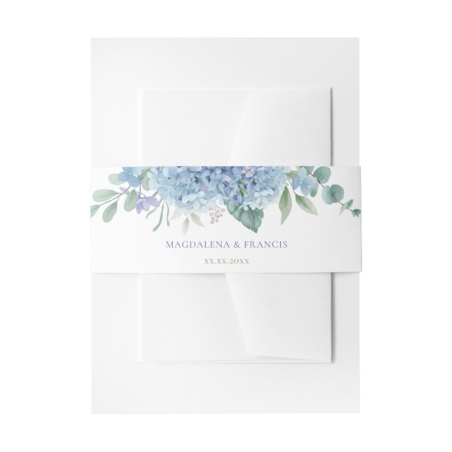 blue hydrangea wedding  invitation belly band (Front Example)