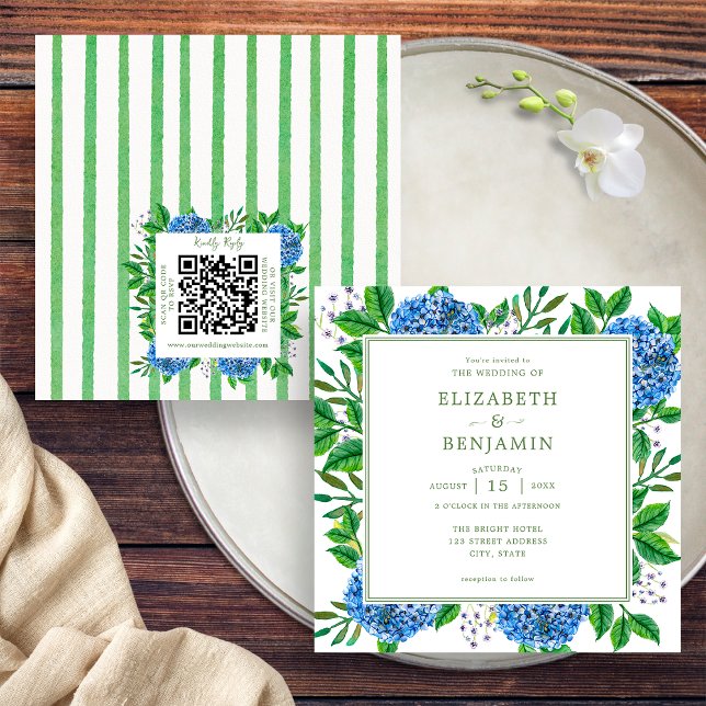 Blue Hydrangea Wedding Invitation With QR Code (Front / Back)