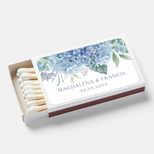 blue hydrangea wedding matchboxes