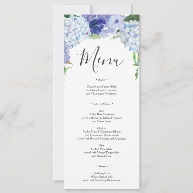 Blue Hydrangea Wedding Menu or Bridal Shower Invitation (Front)