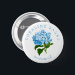 Blue Hydrangea Wedding Party Bridesmaid Button<br><div class="desc">Help your wedding party get to know each other with these beautifully simple and fun wearable buttons featuring easy to customize,  elegant,  arched name text the title role they'll play on your wedding day. Chic text encircles an antique illustration of a French blue hydrangea flower in pretty,  grandmillennial style.</div>