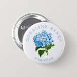 Blue Hydrangea Wedding Party Bridesmaid Button<br><div class="desc">Help your wedding party get to know each other with these beautifully simple and fun wearable buttons featuring easy to customize,  elegant,  arched name text the title role they'll play on your wedding day. Chic text encircles an antique illustration of a French blue hydrangea flower in pretty,  grandmillennial style.</div>