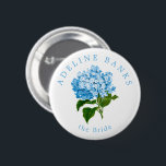 Blue Hydrangea Wedding Party The Bride Button<br><div class="desc">Help your wedding party get to know each other with these beautifully simple and fun wearable buttons featuring easy to customize,  elegant,  arched name text the title role they'll play on your wedding day. Chic text encircles an antique illustration of a French blue hydrangea flower in pretty,  grandmillennial style.</div>