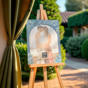 Blue Hydrangea Wedding QR Code Photo Seating Chart Foam Board