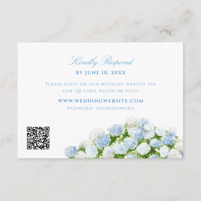 Blue Hydrangea Wedding QR Code RSVP Enclosure Card (Front)