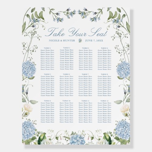 Blue Hydrangea Wedding Reception Seating Chart Foam Board