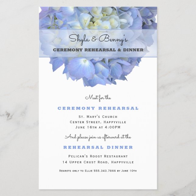 Blue Hydrangea Wedding Rehearsal Dinner Invite Flyer (Front)