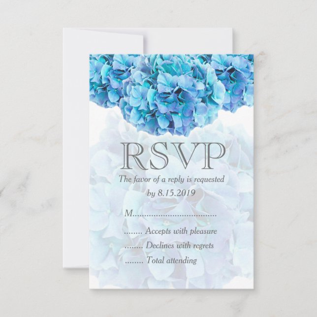 Blue hydrangea wedding RSVP card (Front)