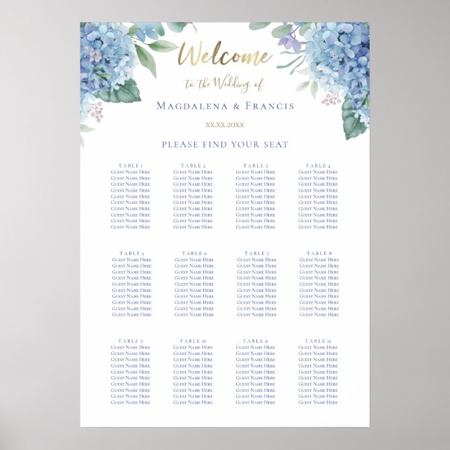 blue hydrangea wedding seating chart (Front)