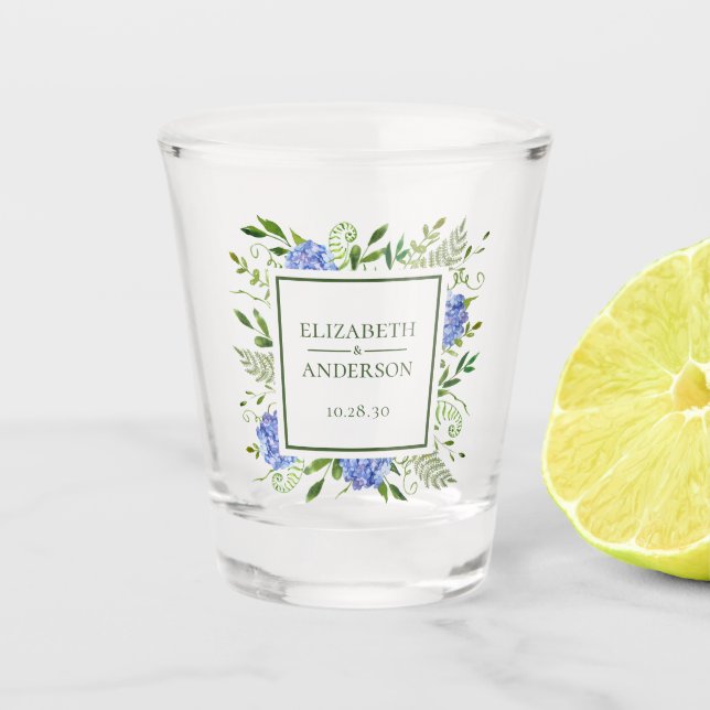 Blue Hydrangea Wedding  Shot Glass (Front)
