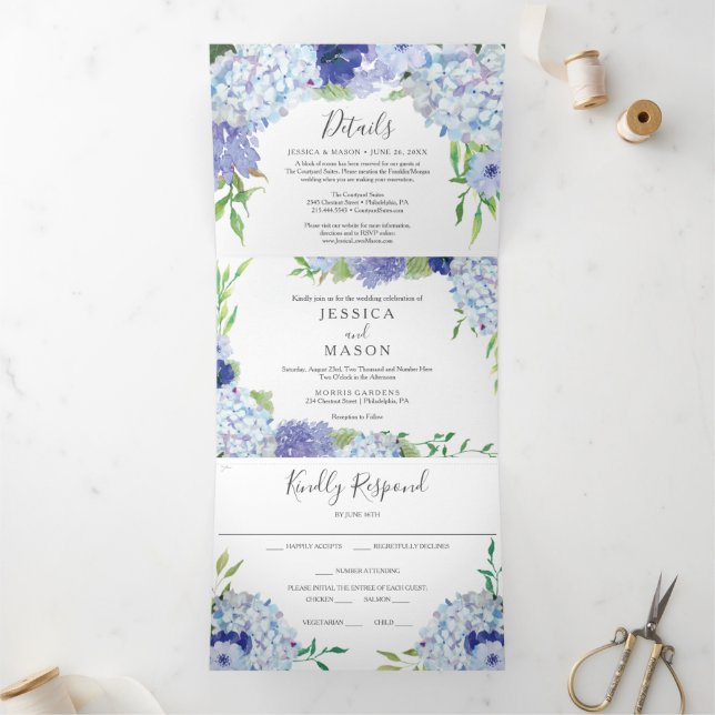 Blue Hydrangea Wedding Tri-Fold Invitations (Inside)