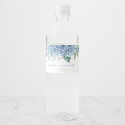 blue hydrangea wedding water bottle label