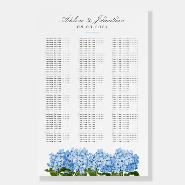 Blue Hydrangea Wedding Welcome and Seating Chart Foam Board (Front)